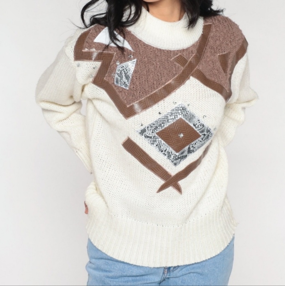 Vintage 80's spice of life cream & brown embellished knit sweater size large
